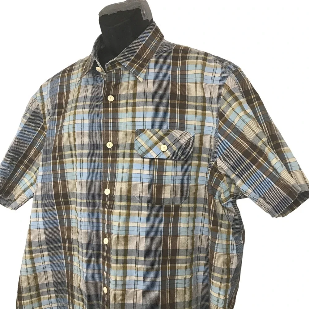 Indigo Palms‎ Mens XXL Blue Brown Plaid SS Button Down Shirt Cotton Blend